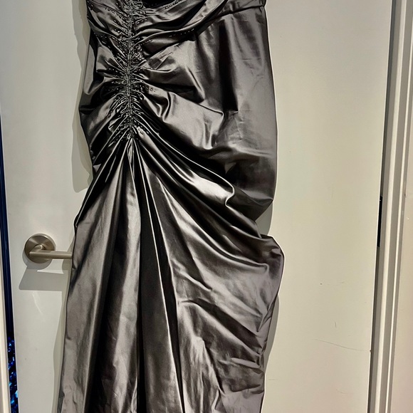 A long silky grey dress with a small long sleeve jacket. - Picture 4 of 5